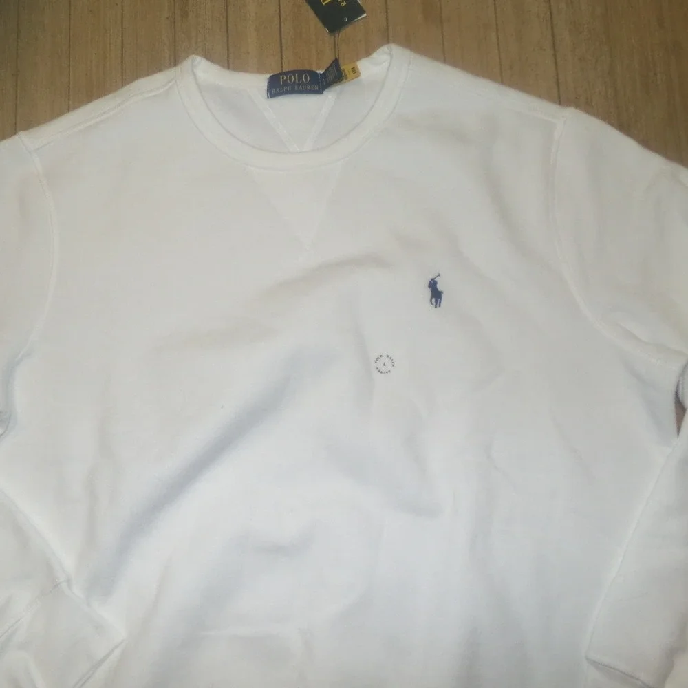 Polo Ralph Lauren Mens LRG White Fleece Crewneck Sweatshirt Navy Pony Logo NWT